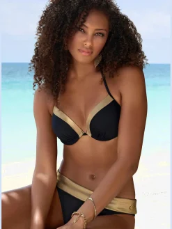 Bas de maillot de bain couleur unie avec ceinture à revers couleur or