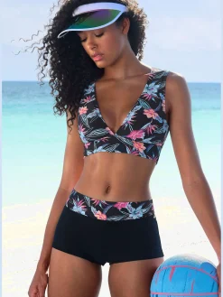 Bikini mini-short imprimé, effet de couleur différent pour chaque pièce