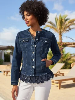 Blazer en jean bordure en dentelle à l’ourlet