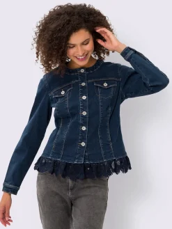Blazer en jean bordure en dentelle à l’ourlet