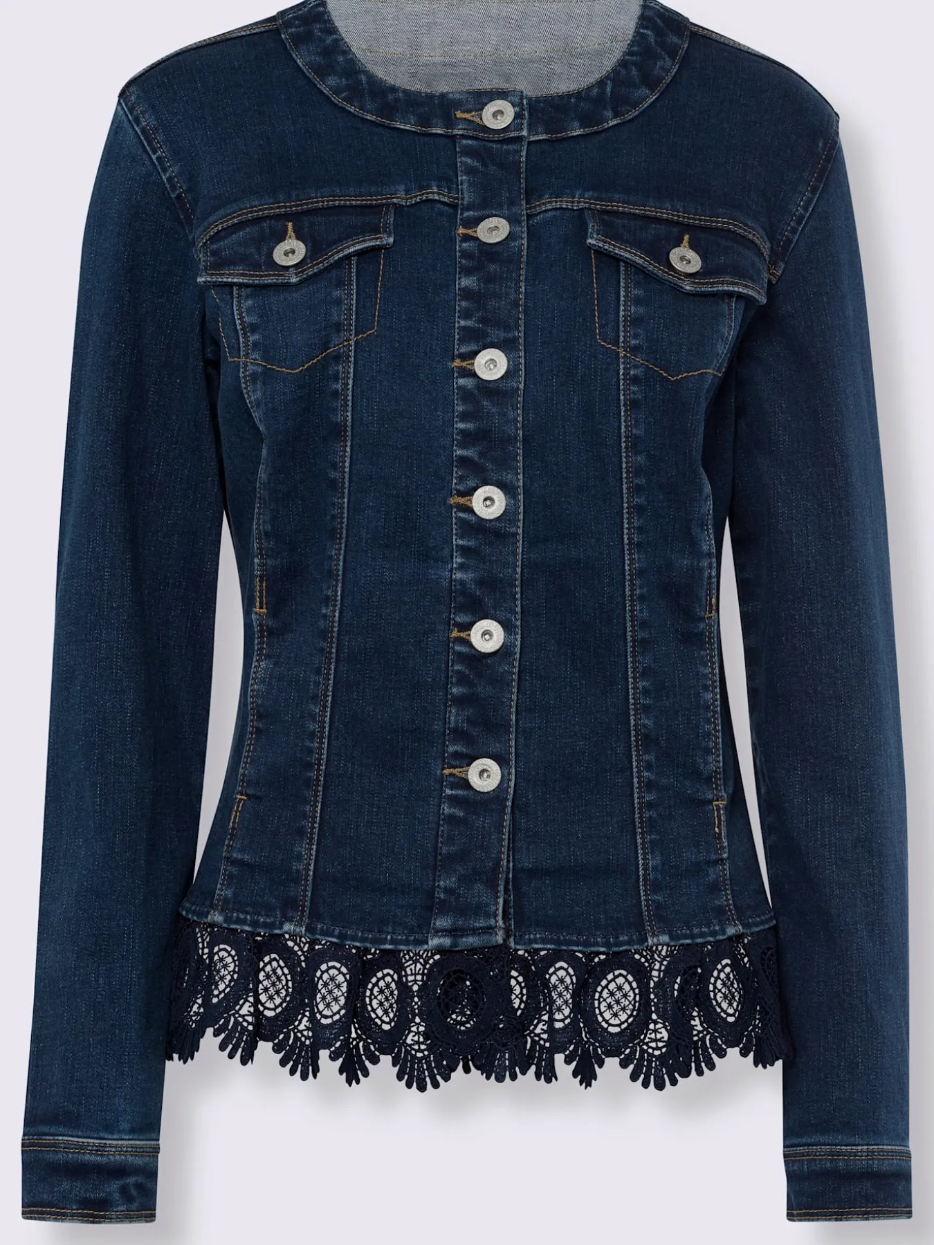 Blazer en jean bordure en dentelle à l’ourlet