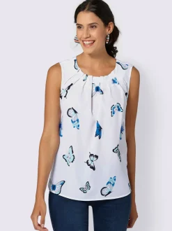 Blouse fluide sans manches imprimé col rond avec plis décoratifs