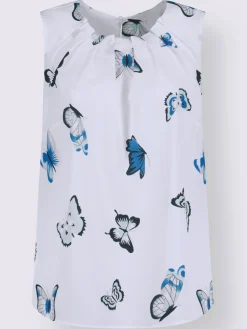 Blouse fluide sans manches imprimé col rond avec plis décoratifs