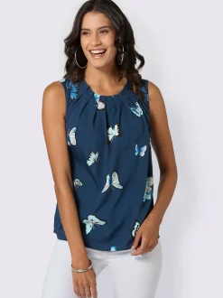 Blouse fluide sans manches imprimé col rond avec plis décoratifs