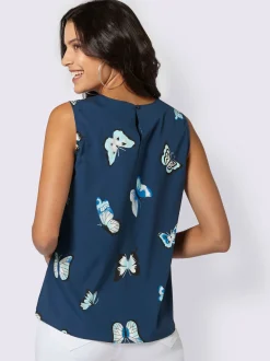 Blouse fluide sans manches imprimé col rond avec plis décoratifs