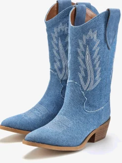 Bottines cowboy look denim tendance avec coutures décoratives mode