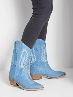 Bottines cowboy look denim tendance avec coutures décoratives mode