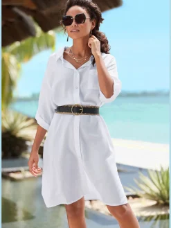 Chemisier long manches 3/4 avec bride et bouton