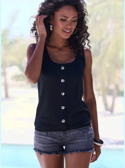 Debardeur patte de boutonnage décorative tendance avec boutons imitation corne