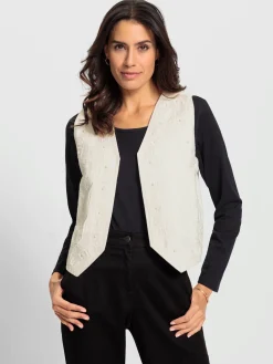 Gilet en jean jolie broderie florale avec perles décoratives