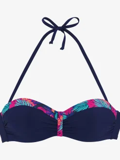 Haut de bikini bandeau à armatures uni avec empiècements imprimés tendance