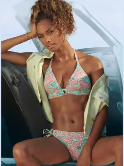 Haut de bikini triangle imprimé, effet de couleur différent pour chaque pièce