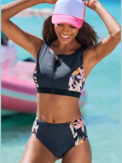 Haut de maillot de bain court coloris uni tendance avec empiècements imprimés sur les côtés