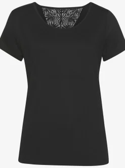 Haut de pyjama élégant t-shirt à manches courtes orné de détails en dentelle