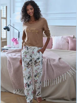 Haut de pyjama t-shirt à manches longues avec imprimé feuille