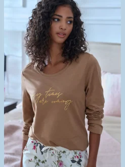 Haut de pyjama t-shirt à manches longues avec imprimé feuille