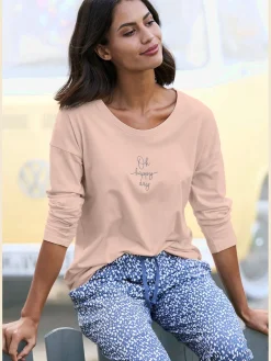 Haut de pyjama t-shirt à manches longues avec imprimé devant