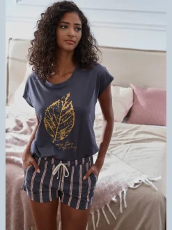Haut de pyjama t-shirt avec imprimé feuille