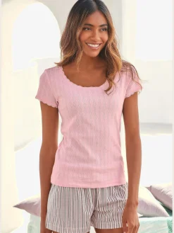Haut de pyjama t-shirt de nuit fantaisie à manches courtes en tricot ajouré