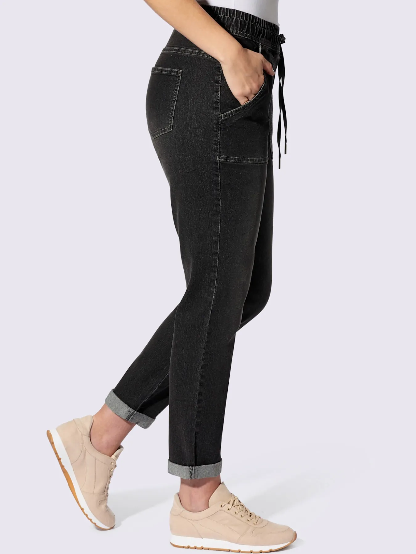 Jean ceinture élastique, coulisse et lien à nouer