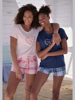 Lot de 2 pyjamas courts au motif fleuri et à carreaux