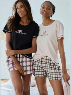 Lot de 2 pyjamas courts avec imprimé devant et short à carreaux