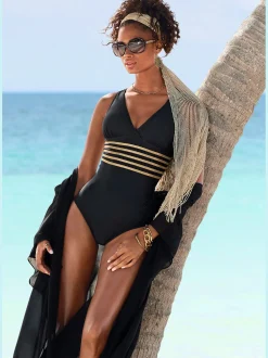 Maillot de bain couleur unie avec empiècements couleur or