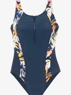 Maillot de bain uni avec empiècements imprimés sur les côtés