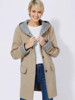 Manteau imitation laine poches plaquées à rabat avec capuche