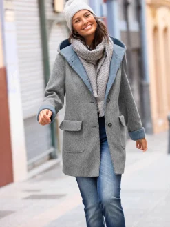 Manteau imitation laine poches plaquées à rabat avec capuche