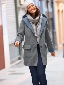 Manteau imitation laine poches plaquées à rabat avec capuche