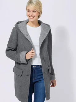 Manteau imitation laine poches plaquées à rabat avec capuche