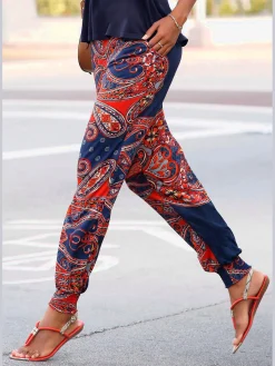 Pantalon de plage pantalon en tissu léger avec imprimé ethnique
