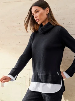 Pull à col roulé empiècement chemisier manches et ourlet