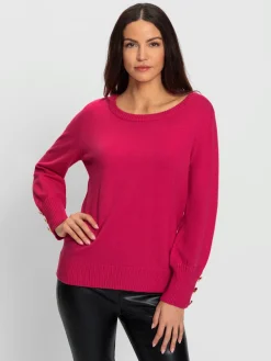 Pull en tricot fin boutons décoratifs couleur or aux finitions côtelées
