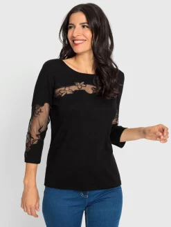 Pull encolure ronde empiècements brodés transparents
