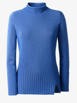 Pull femme col montant côtelé petite fente devant