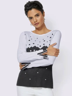 Pull motif jacquard couleur contrastée manches fendues col rond
