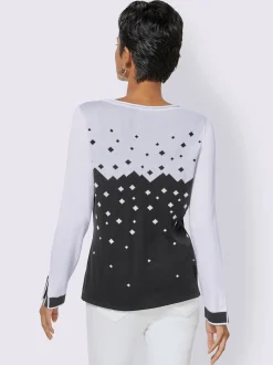 Pull motif jacquard couleur contrastée manches fendues col rond