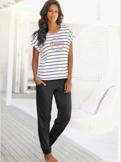 Pyjama t-shirt rayé décontracté à encolure ronde