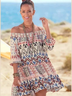 Robe imprimée encolure carmen tendance