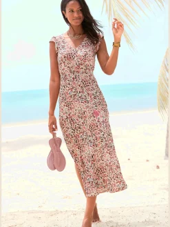 Robe longue col v chevauchant avec bouton-pression