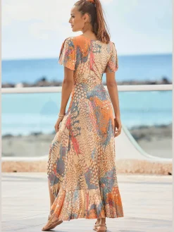 Robe longue encolure en v profonde et manches chauve-souris courtes