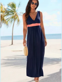 Robe longue encolure en v aspect superposé