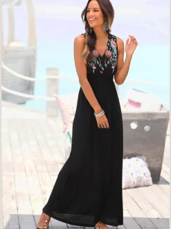 Robe longue imprimé imitation broderie sur le haut