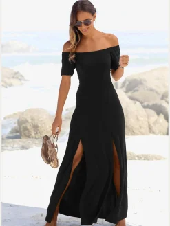 Robe longue robe carmen à manches courtes, jambes fendues