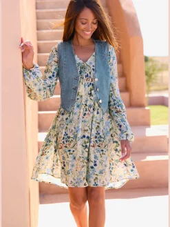 Robe tunique encolure en v profonde avec ruban décoratif et houppes