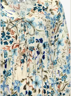 Robe tunique encolure en v profonde avec ruban décoratif et houppes