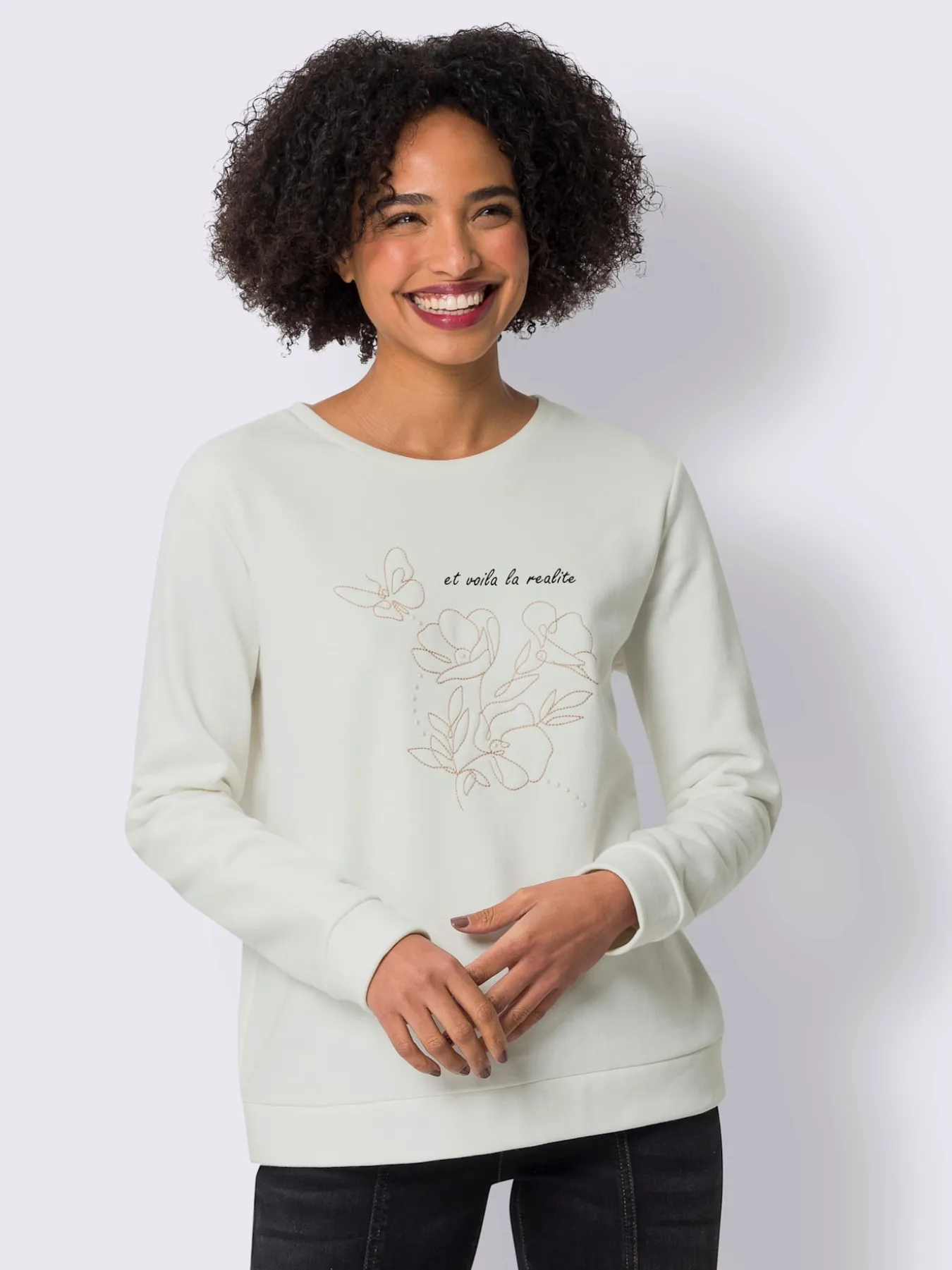 Sweatshirt jolie broderie florale avec perles décoratives