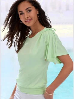 T-shirt à col rond fronce avec liens à nouer aux épaules pour régler la longueur des manches : manches courtes ou mi-longues